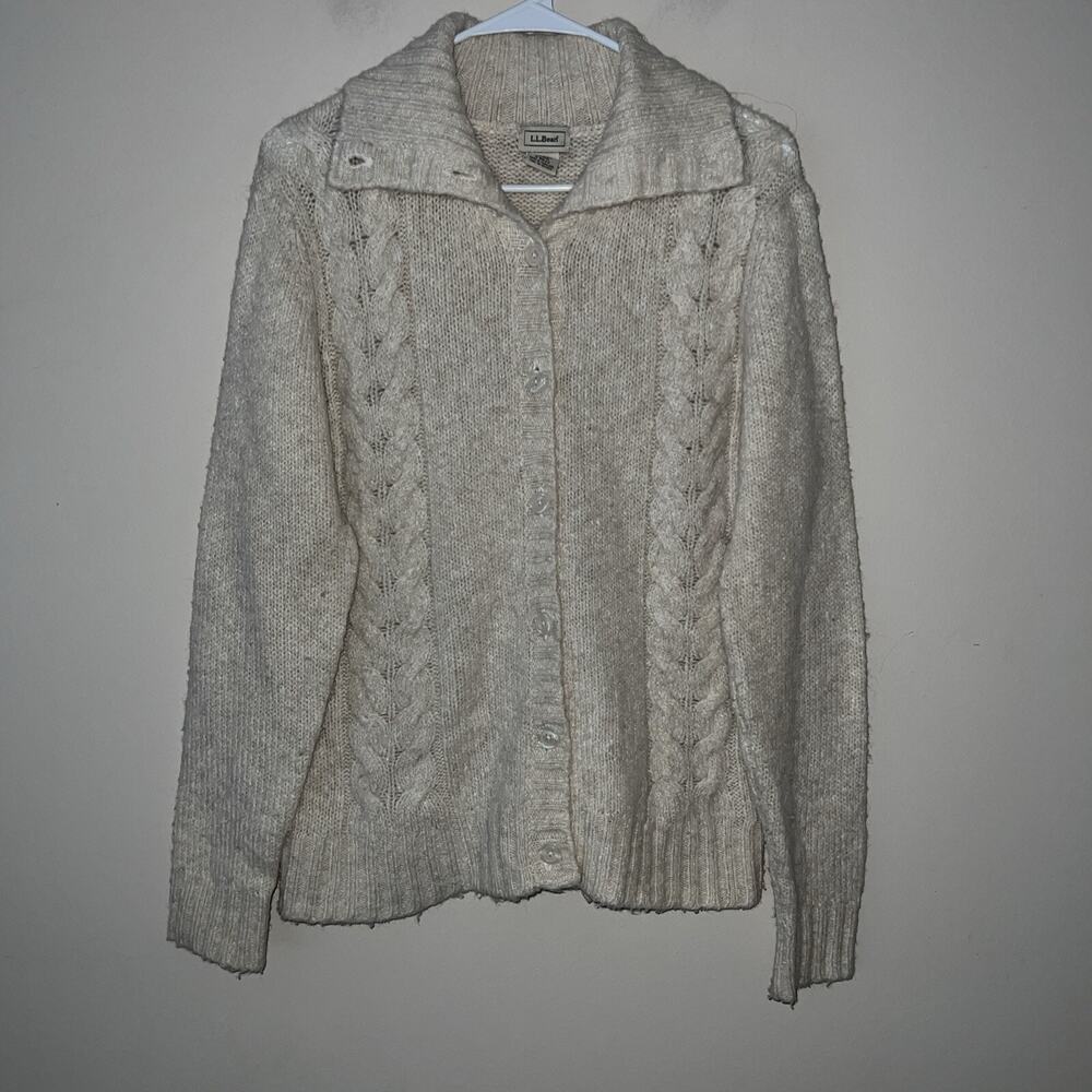 LL Bean Cable Knit Collared Button Wool Blend Cardigan Tunic Sweater Women’s M